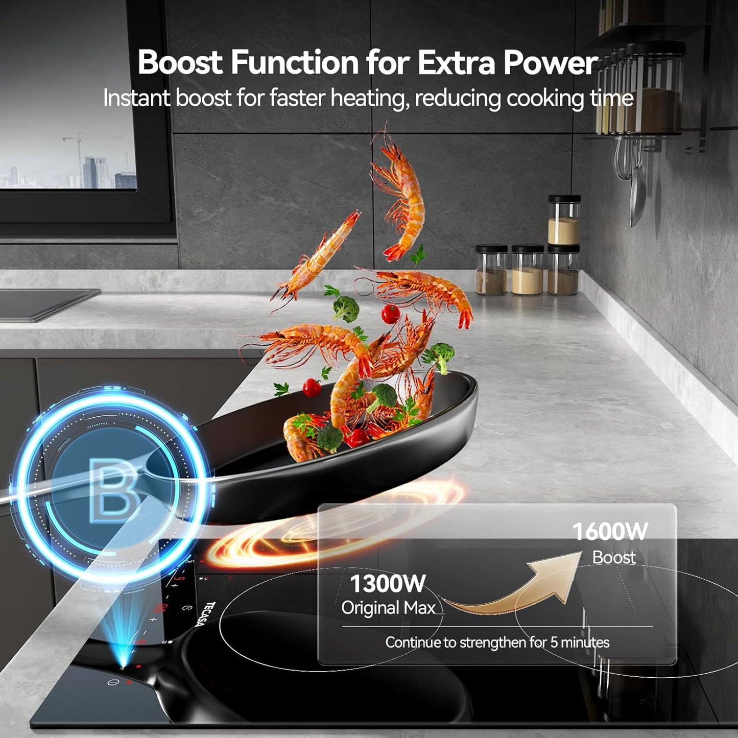 12 Inch Induction Cooktop 3500W, TECASA Built-in Electric Stove with 2 Boost Burners, Compatible with Magnetic Cookers, Timer & Child Safety Lock, 9 Power Levels