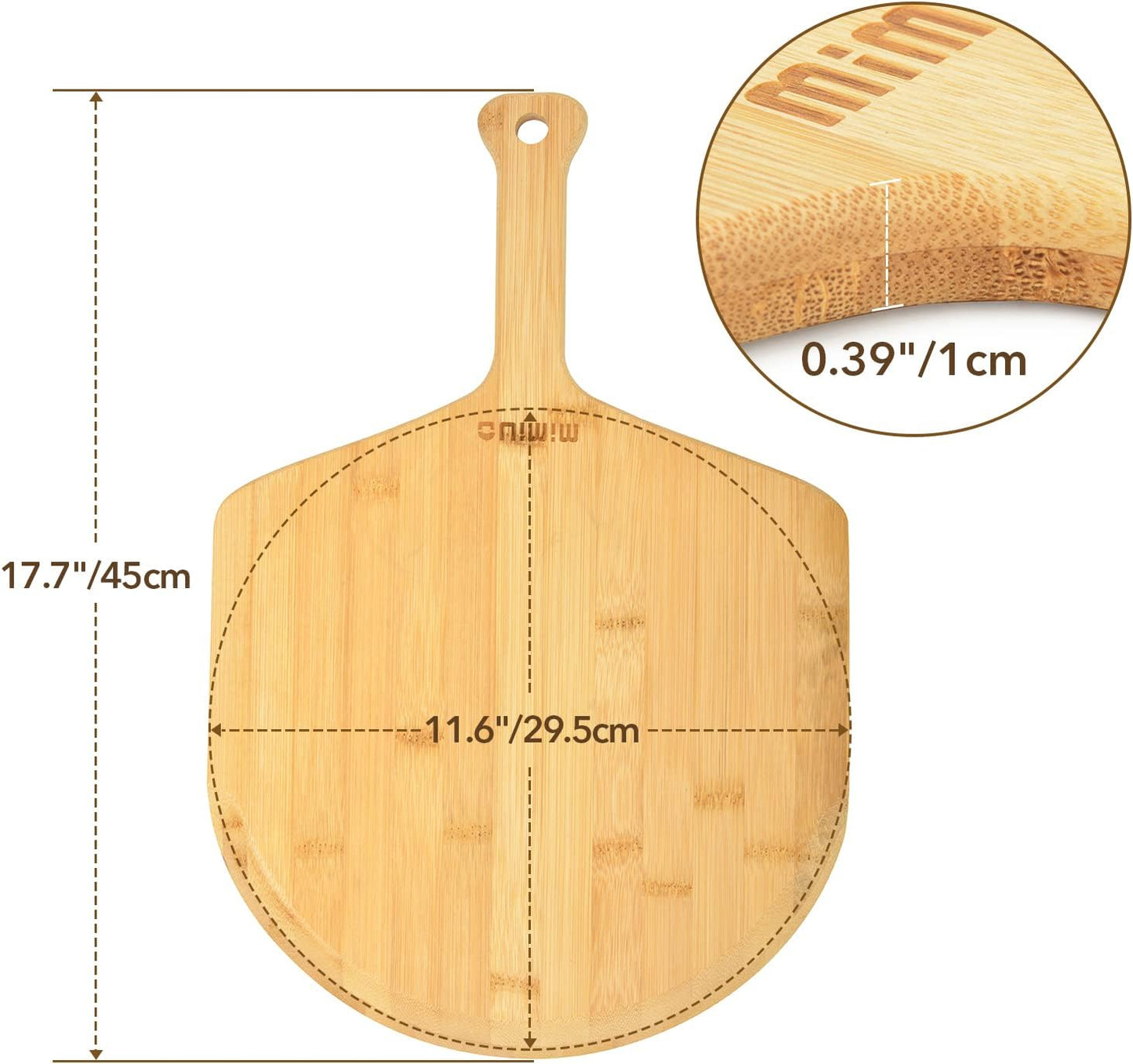 Mimiuo Natural Bamboo Pizza Peel - 12 Inch Wooden Pizza Spatula for Baking Homemade Pizza Bread and Cutting Fruit Vegs