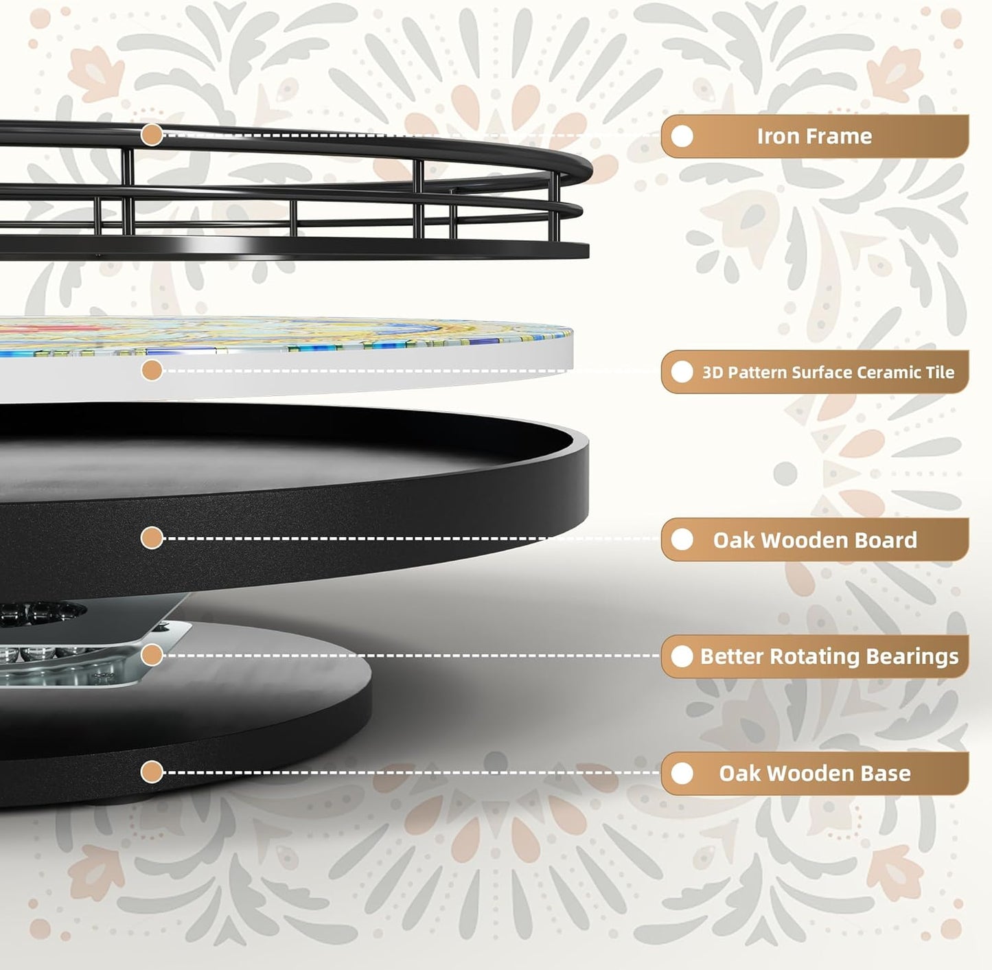 Decorative 3D Art Ceramic Lazy Susan for Table Top, 10.2" Boho Oak Wooden Lazy Susan Turntable Organizer for Dining Table Centerpiece Kitchen Countertop Coffee Table Decor Porcelain Tray Home Crafts