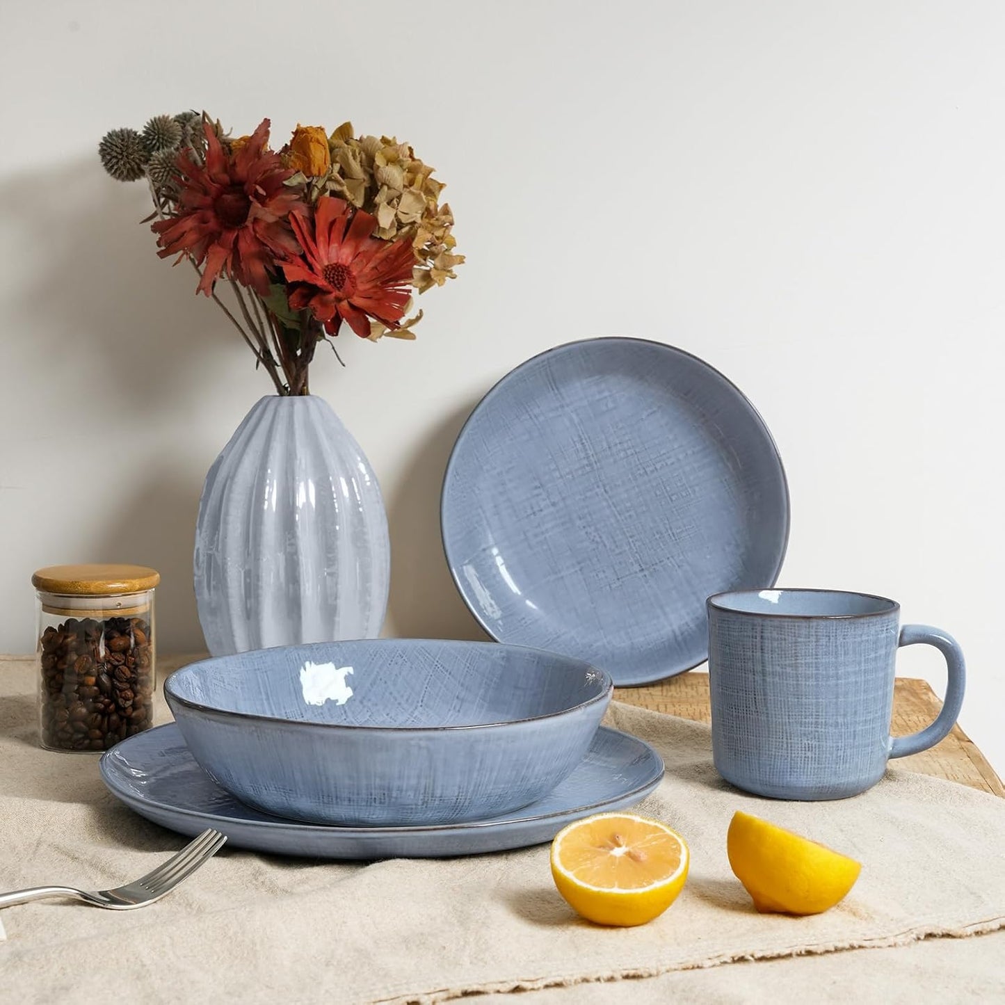 famiware Moonlight 8.5 Inch Pasta Bowls Set of 4, 32oz Serving Bowls for Kitchen, Soup Bowl with Linen Finish, Large Stoneware Bowls for Festivals, Housewarming, Dinnerware, Blue