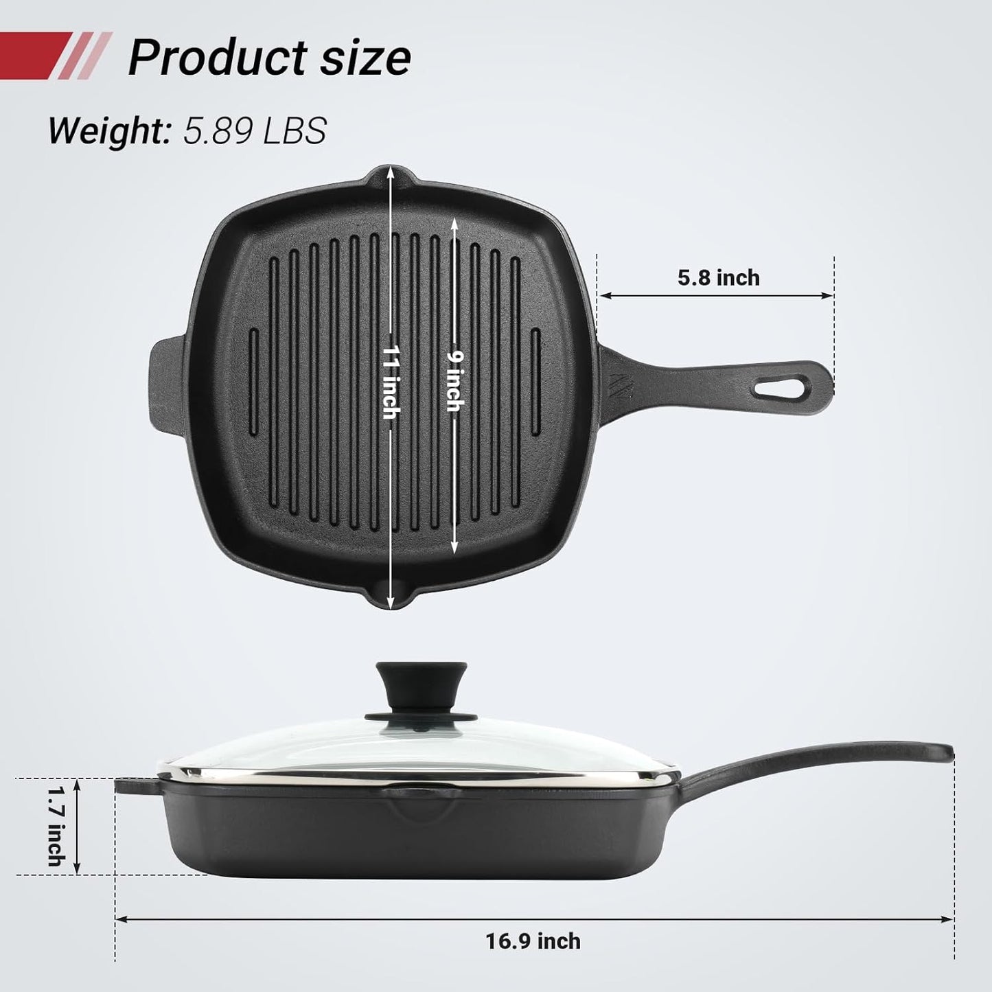 10.5 Inch Cast Iron Square Grill Pan with Tempered Glass Lid, Heavy Steak & Bacon Pans for Stove Tops