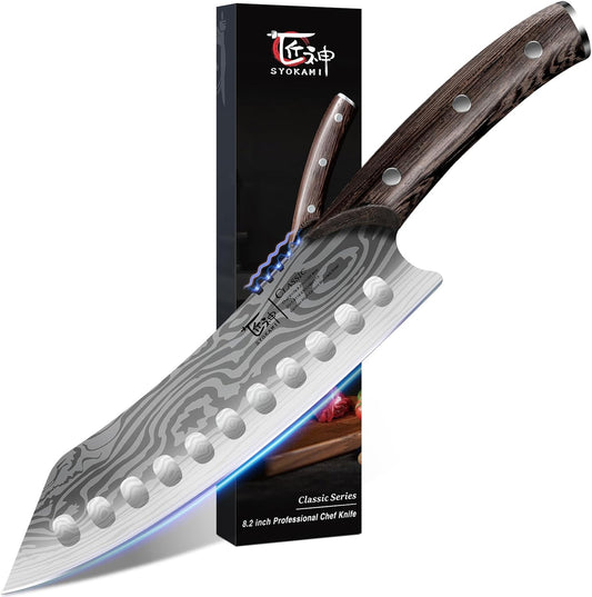 Kiritsuke knife, 8.2 Inch Chef Knife, Japanese Style High Carbon Steel, Razor Sharp for Precision Cutting, Damascus Pattern, Ergonomic Full Tang Wood Handle, Birthday Wedding Cooking Gifts