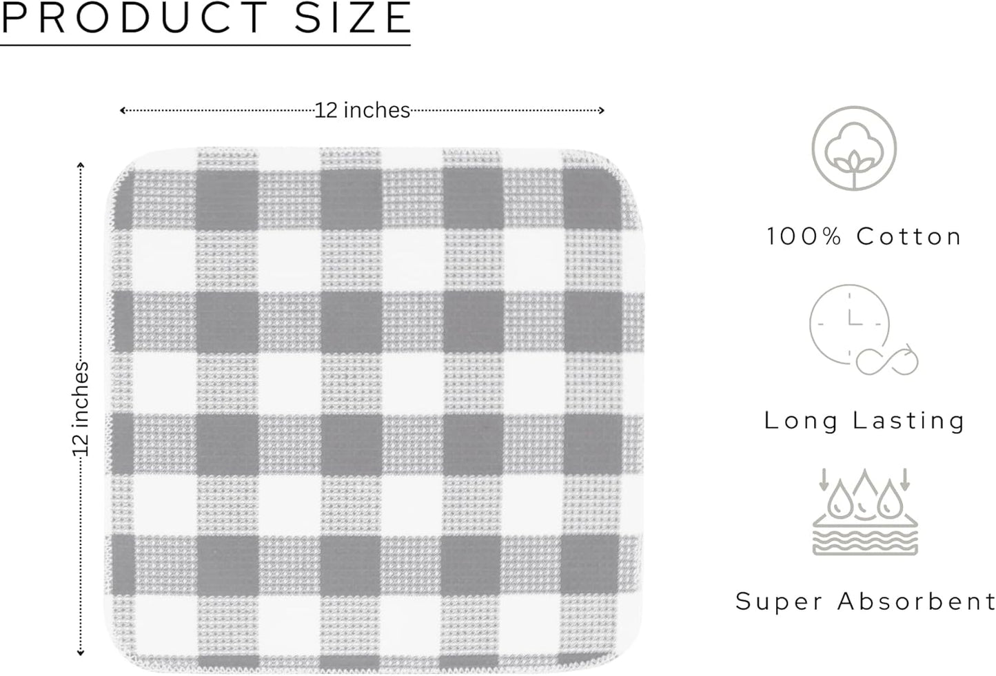 PurpleEssences Waffle Weave Plaid Dish Cloths, 100% Cotton - 12 x 12 Inches, Ultra Soft Absorbent Quick Drying Dish Towels Buffalo Check Dish Rags for Kitchen, 8 Pack - Spring Summer - Grey & White