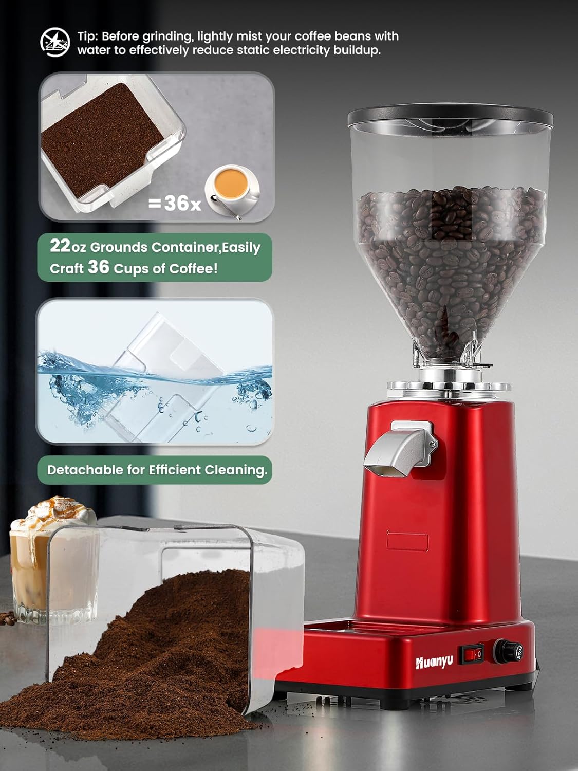 Huanyu Flat Burr Coffee Grinder with 19 Grinding Settings Bulk Electric Coffee Bean Grinder Adjustable Large Capacity 35oz Red
