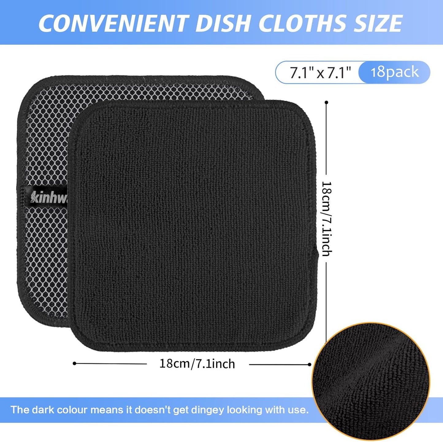 KinHwa Kitchen Washcloths for Dishes Absorbent Microfiber Dish Cloths Quick Dry Dish Rags with Poly Scour Scrub Side Ideal for Kitchen Cleaning (Black, 7inchx7inch 12 Pack)