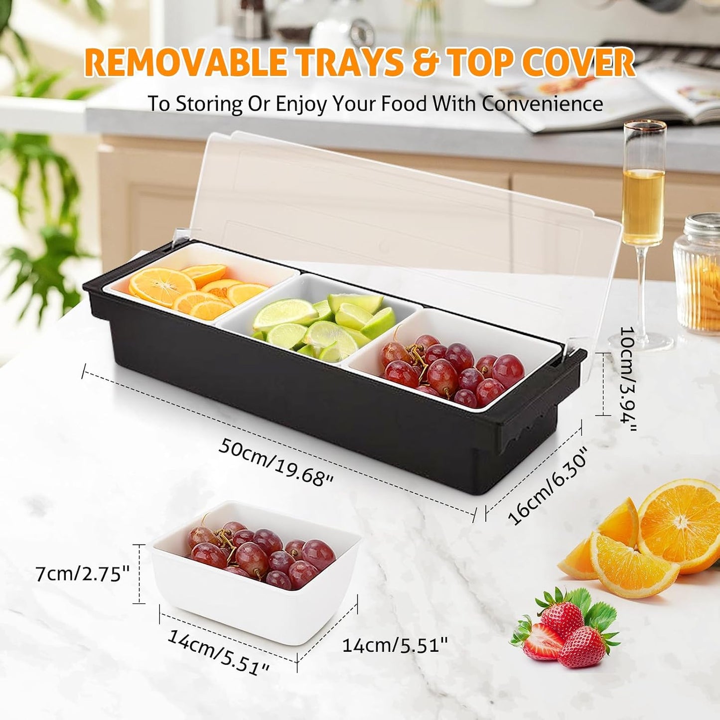WICHEMI Fruit, Veggie & Condiment Caddy with Lid Dispenser Tray Plastic Garnish Station for Bartending & Serving Taco, Ice Cream, Salad Bar - Topping Organizer for Restaurant Supplies (3 Compartment)