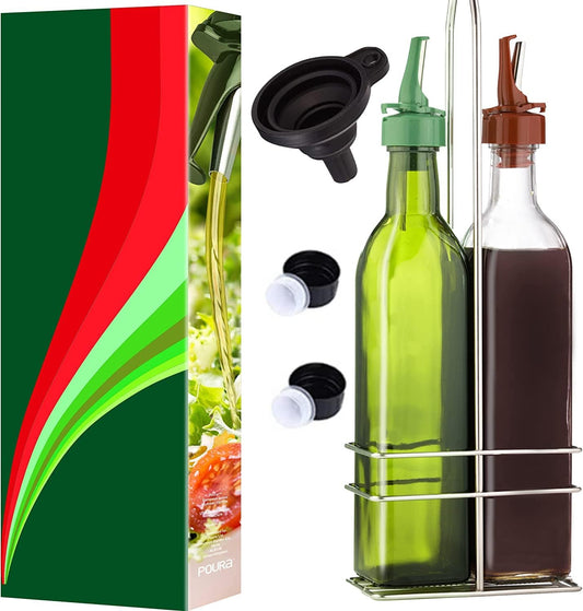 Poura Vinegar and Olive Oil Bottle Drizzler Set with Unique ClickSeal Pour Spouts | Glass Oil & Vinegar Dispenser Bottles for Cooking Kitchen Dining | Hygienic Covers + Silicone Decanter Funnel 250ml