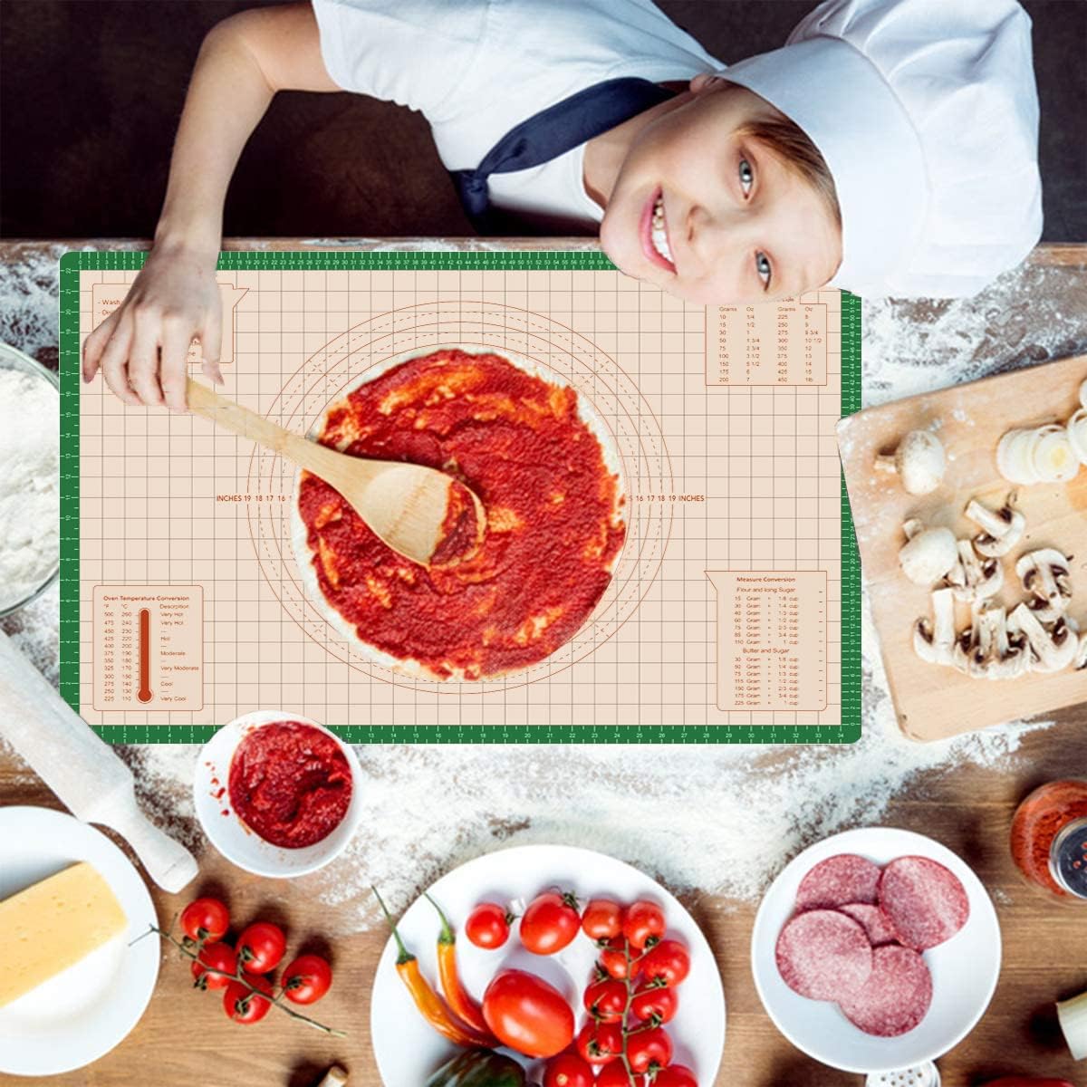 Silicone Pastry Mat 36 x 24 Inch - Larger Silicone Baking Mat for Rolling Dough,Non Slip Dough Sheet with Measurement,Perfect for Making Pie,Pizza(Green)