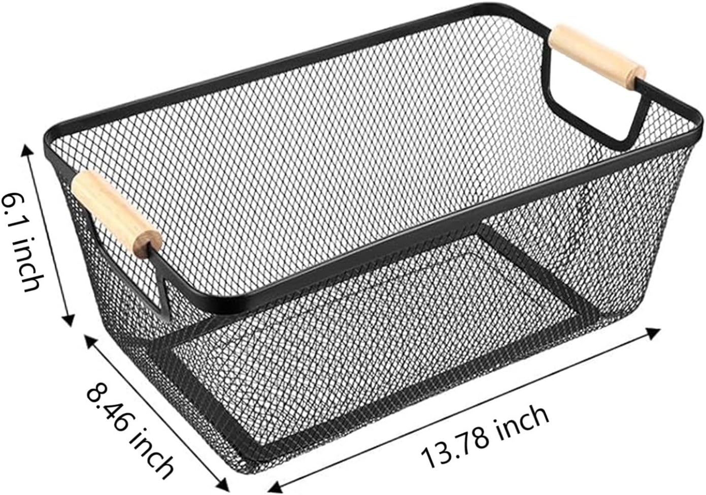 Metal Mesh Steel Basket, Large Wire Storage Organizer Basket Multi-function Hanging Kitchen Baskets with Wood Handle for Kitchen Bathroom Picnic Home, Rectangle-Black