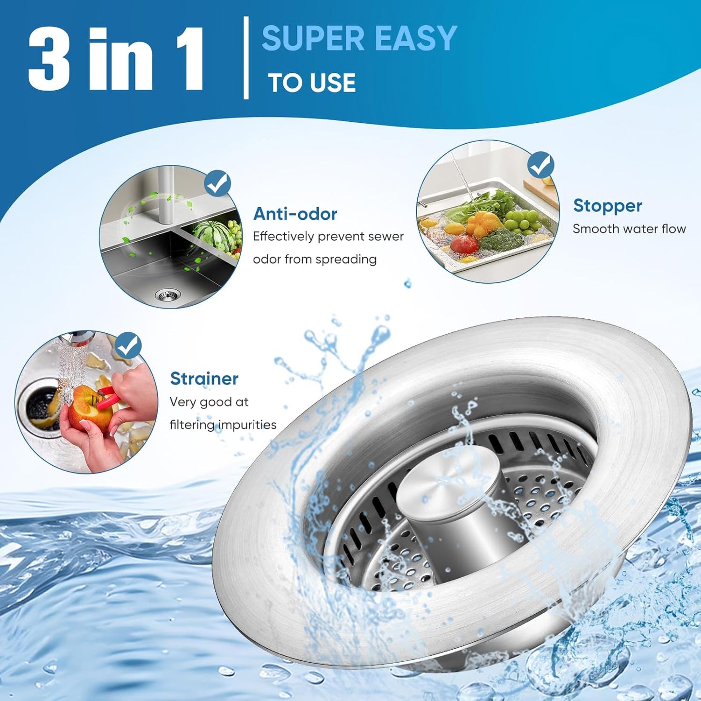 2025 Upgraded 3 in 1 Kitchen Sink Drain Strainer&Sink Stopper,Stainless Steel Pop up Sink Drain Strainer,Anti-Clogging Basket Strainer,High Durability with Brass Core,Fit 3-1/2",Chrome