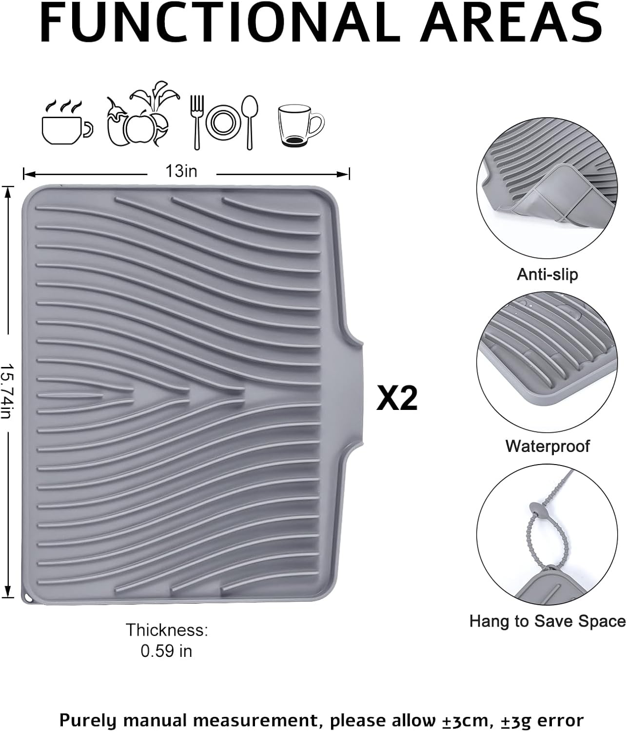 Dish Drying Mat, Stone Drying Mat for Kitchen Counter with Built-in Drain, Non-Slip Drying Matt Kitchen Counter, Heat Resistant Silicone Drying Mat, 2 Pcs(15.8"X 13", Grey)