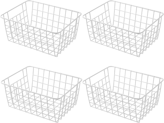 11" Upright Freezer Storage Baskets, White Wire Storage Bins Small Bakset for Freezer, Pantry, Bathroom Organizing, Set of 4