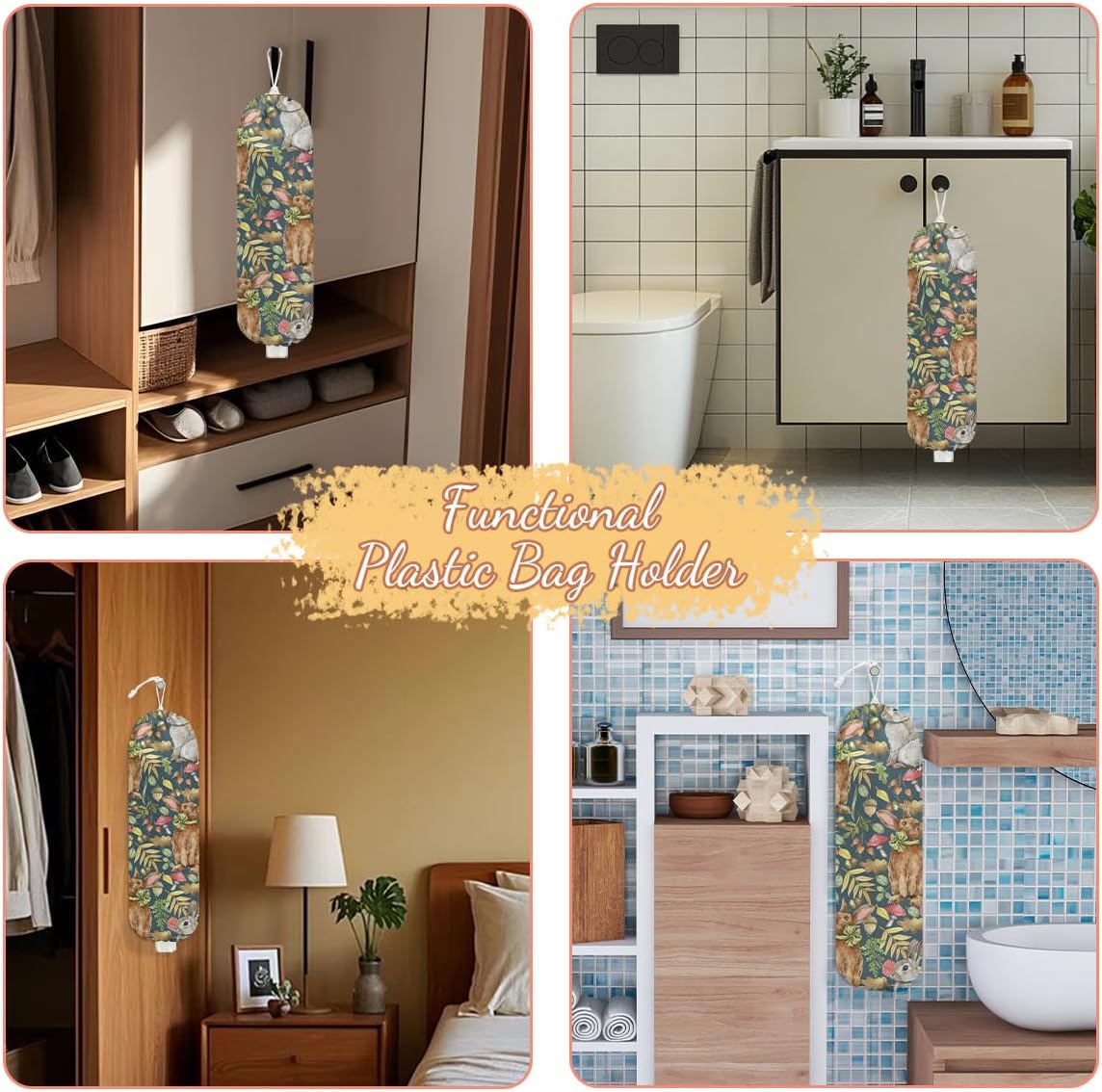 Rabbit Bunny Plastic Bag Holder, Wall Mount Grocery Bag Holder, Plastic Storage bag, Pull Rope Free Adjustment, Plastic Bag Holders for Grocery Bags, Plastic Bag Dispenser for Home Kitchen