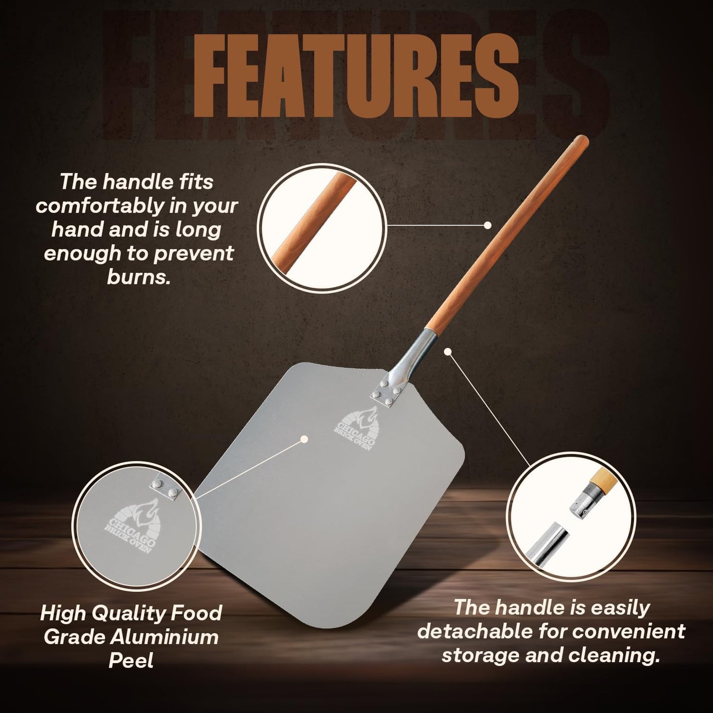 Chicago Brick Oven Pizza Peel 12" x 14", Pizza Paddle, 35.5" Long Aluminum Metal Pizza Peel with Detachable 21" long Wooden Handle, Pizza Turning Spatula, Pizza Shovel