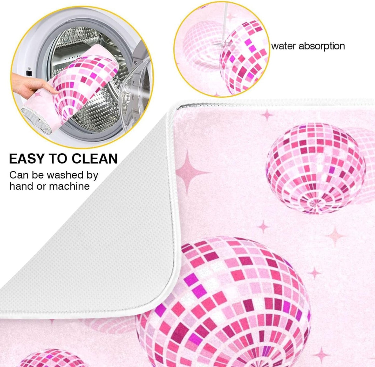 Disco Balls Pink Dish Drying Mat for Kitchen Counter Absorbent Microfiber Drying Pad, Medium 16x18 in, Reversible Drainer Mats