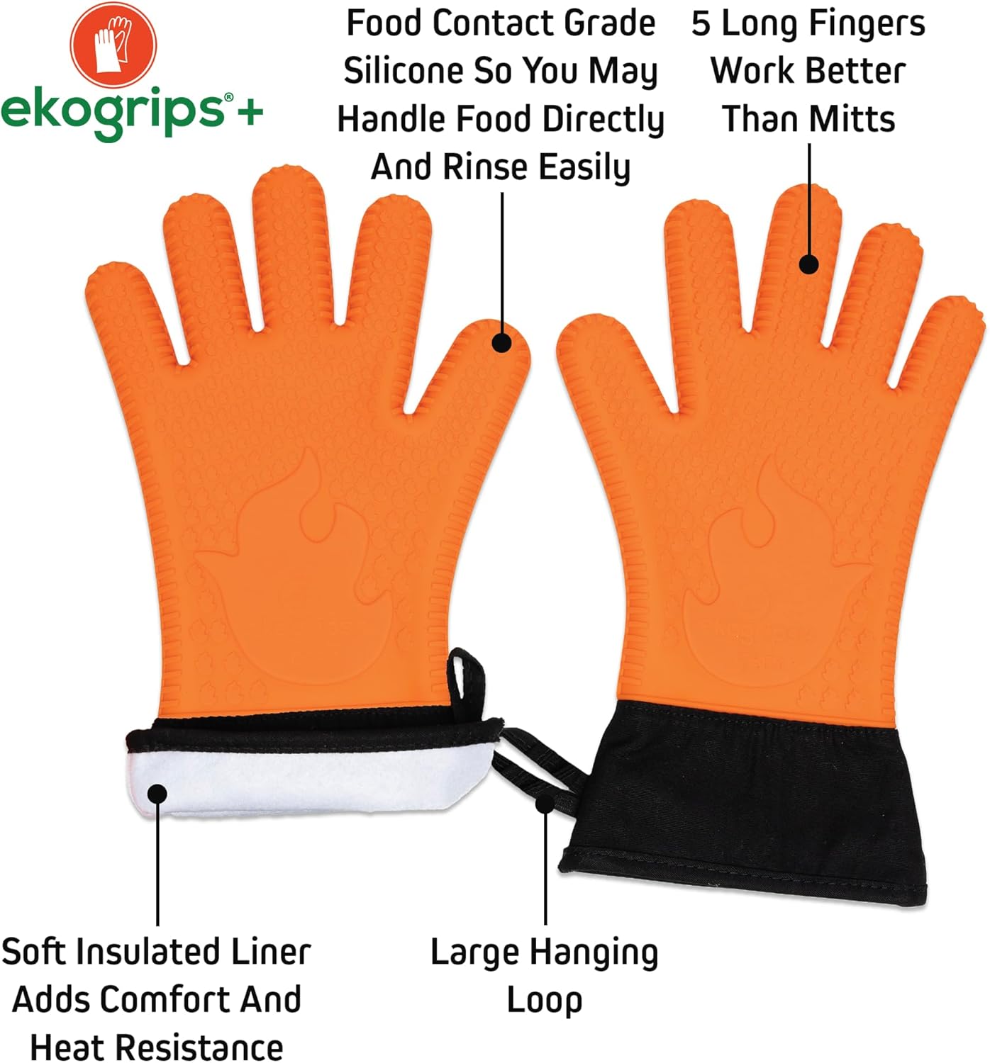 Ekogrips Plus Oven Gloves with Fingers, Comfy Waterproof Silicone Oven Mitts Heat Resistant with Long Cuff, Insulated BBQ Gloves Perfect for Grilling, Baking, Smoker, Canning, and Pizza, Black, OSFM
