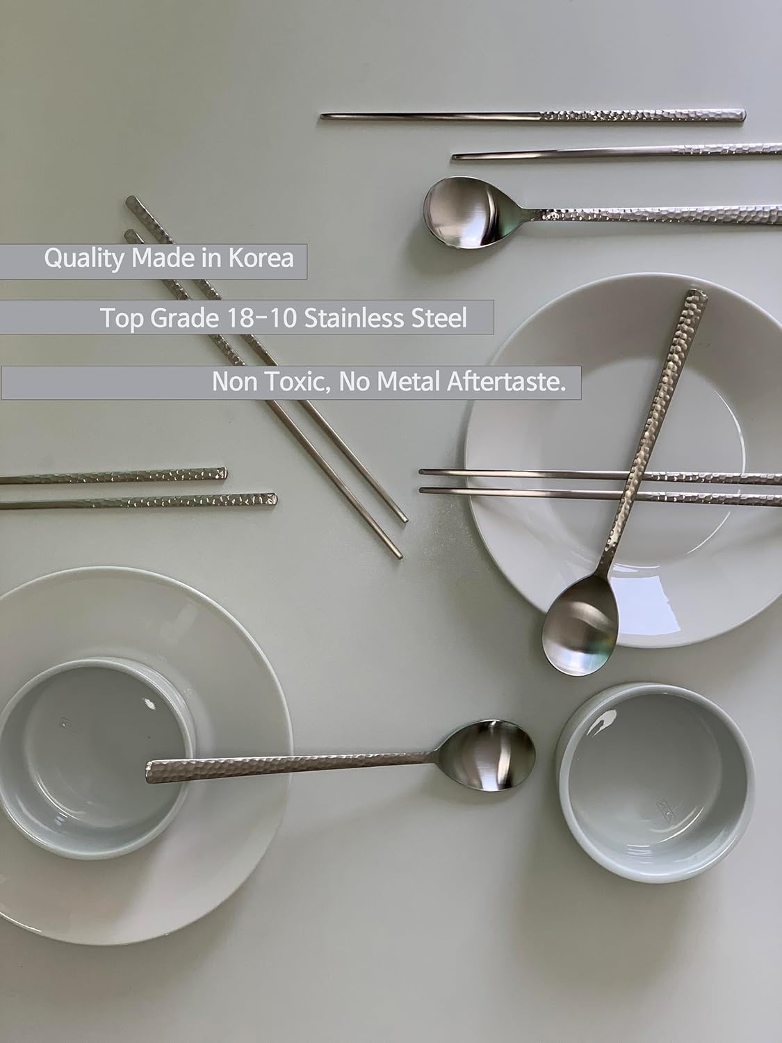 Korean Made Silver Glossy Hammered Stainless Steel Korean Spoon & Chopstick SET Gift for Mom (4SET)