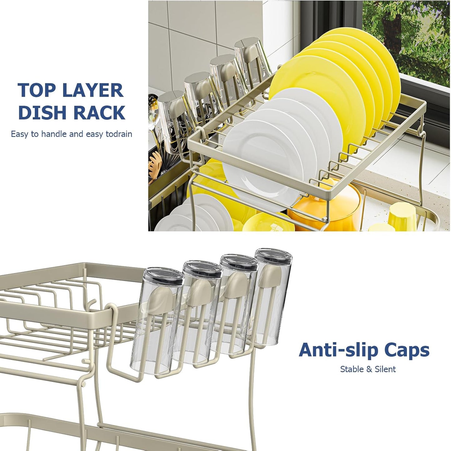 Dish Drying Rack 2-Tier Dish Racks for Kitchen Counter, Adjustable Spout Auto-Draining Dish Rack, Large Capacity for Plates, Bowls, Cups, Tableware, Dish Drainer with Drainboard,Grey