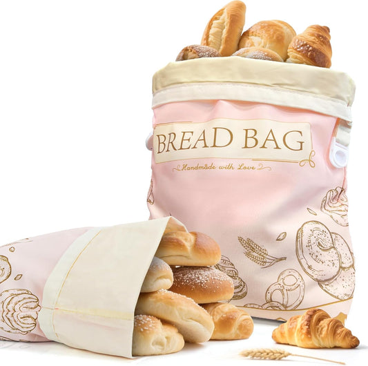 Pink Reusable Beeswax Bread Bag, 2 Pack, 13”x17” XL Cotton Fabric Bread Storage Solution, Eco-Friendly & Freezer Safe, Keep Breads Fresh Longer, Gift idea for women