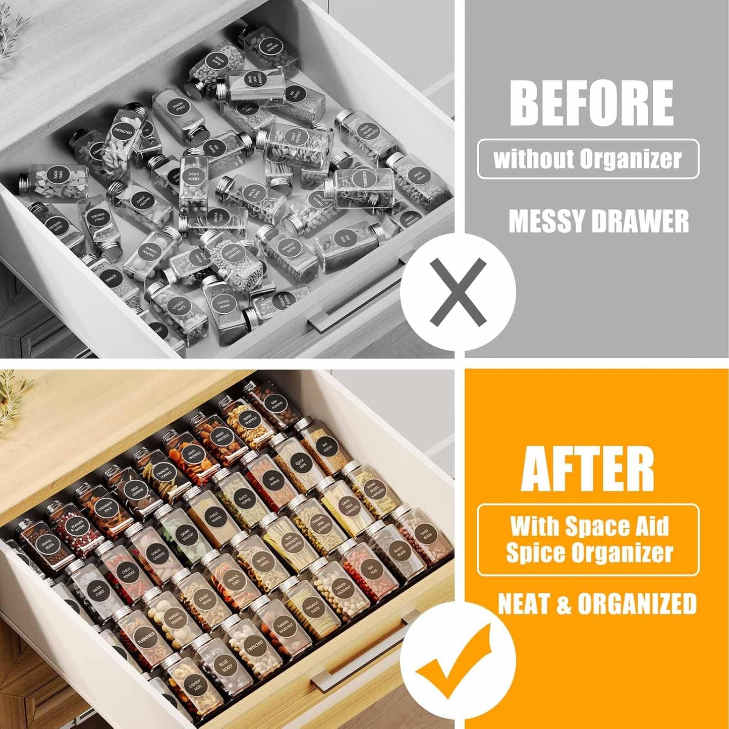 Famhap Spice Drawer Organizer, 4 Tier Expandable from 11.6" to 23.2" Seasoning Rack Tray Insert for Kitchen Drawers, Spice Rack Tray for Drawer/Countertop