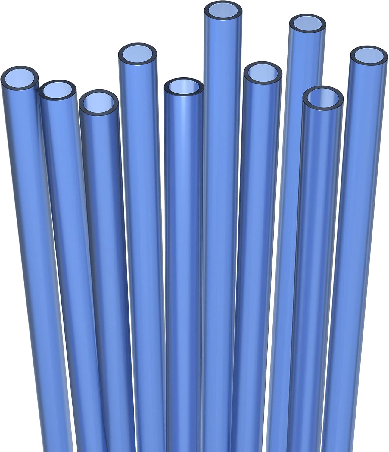10 Long Reusable Hard Blue Plastic Drinking Straws, Medium Width + Sturdy Cleaning Brush - for Tumblers, Mason Jars, Smoothies and Milkshakes - Dishwasher Safe BPA Free