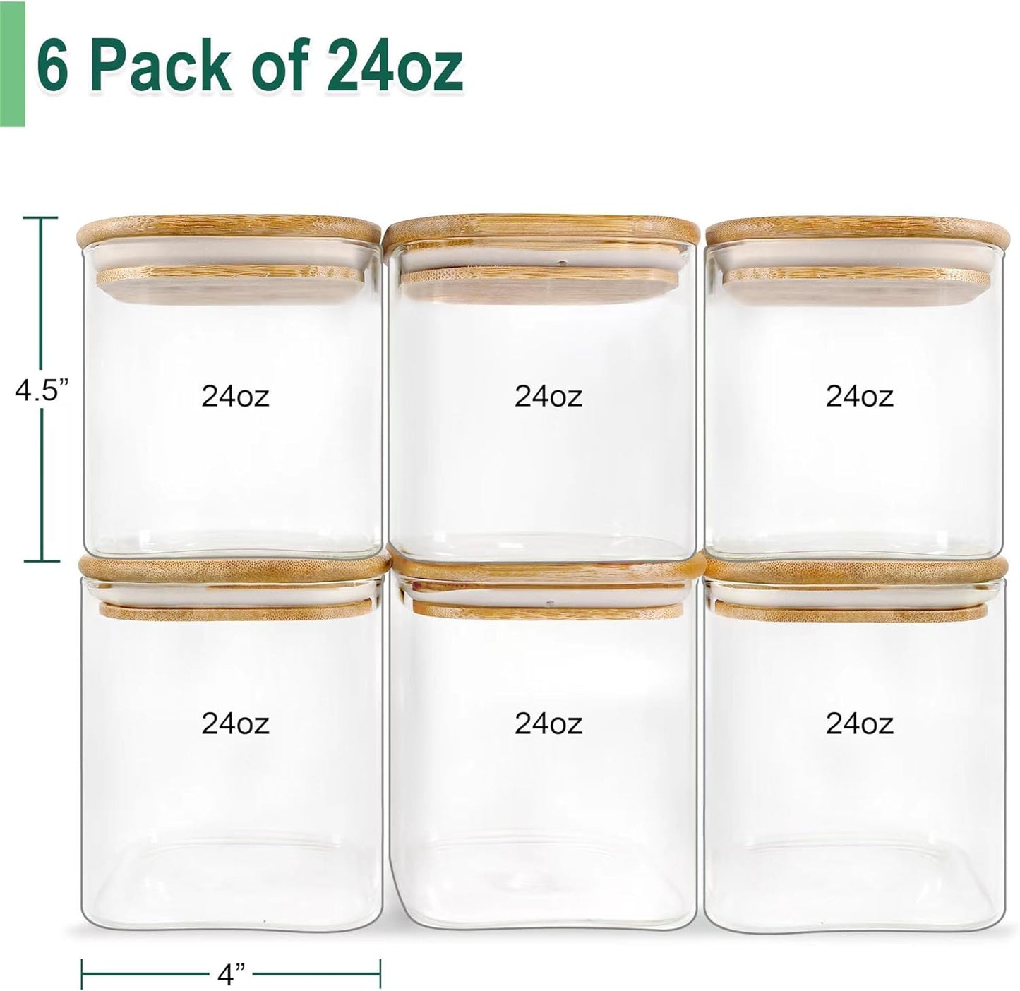 Urban Green Glass Jars with Airtight Lids, Airtight Glass Canisters with Locking Lids, (Bamboo-6P-24oz)