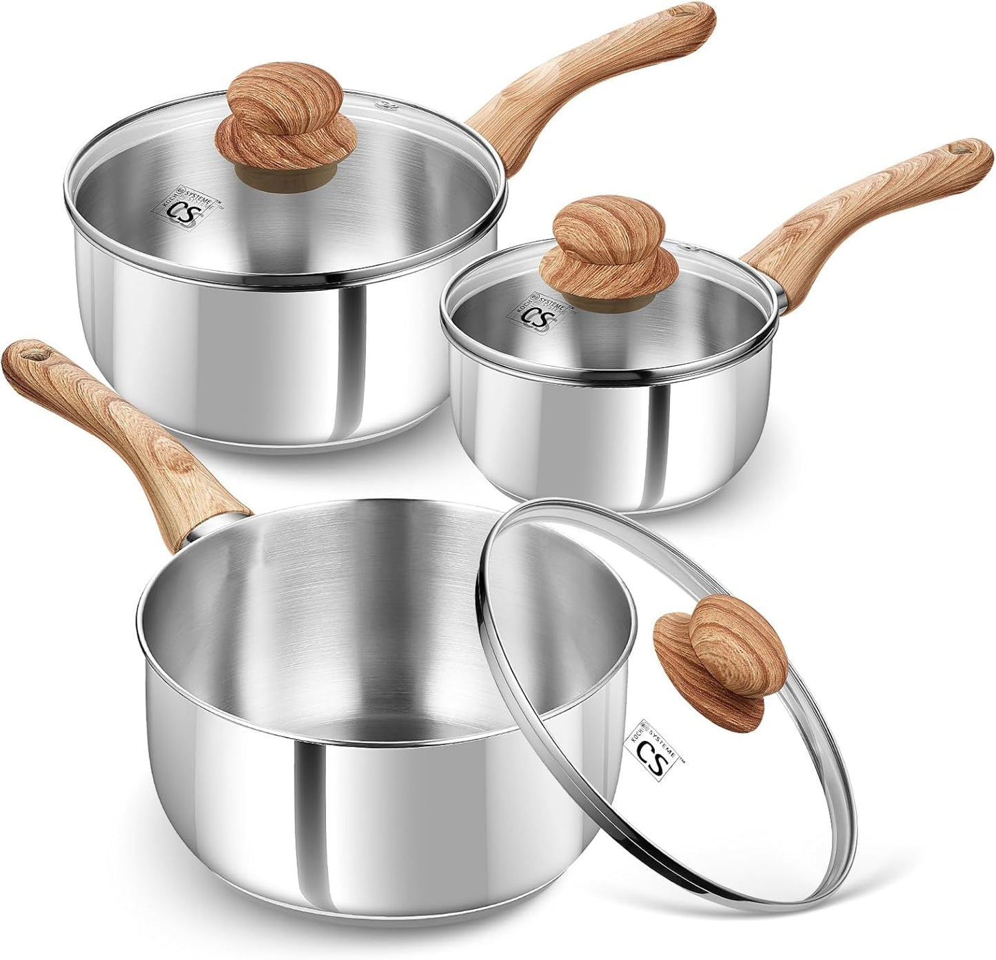 KOCH SYSTEME CS Stainless Steel Saucepan Set, 6 Piece Stainless Steel Pot 1QT & 2QT & 3QT with Heat-resistant Bakelite Handle, Tri-ply Base Pots, Sauce Pan Induction Ready, Pot Set 6PCS
