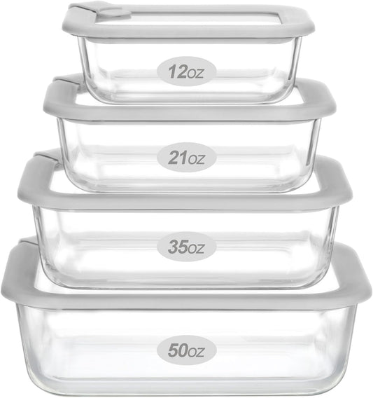 Glass Food Containers with Glass Lid, Microwave Safe Food Storage Container Set, 4 Pack, Airtight Storage Set with Leak Proof Lids, Meal Prep Containers