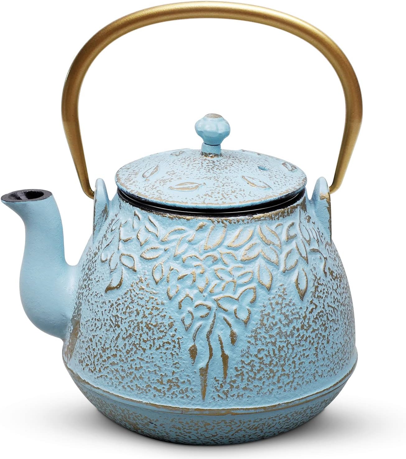 TOPTIER Japanese Cast Iron Tea Kettle with Stainless Steel Infuser, Cast Iron Teapot Stovetop Safe, Leaf Design Teapot Coated with Enameled Interior, 32 Ounce (950 ml), Turquoise Blue