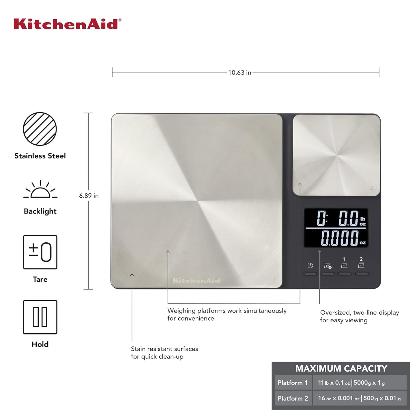 KitchenAid KQ909 Dual Platform Digital Kitchen and Food Scale, 11 pound capacity and Precision 16oz capacity, Black with Stainless Steel
