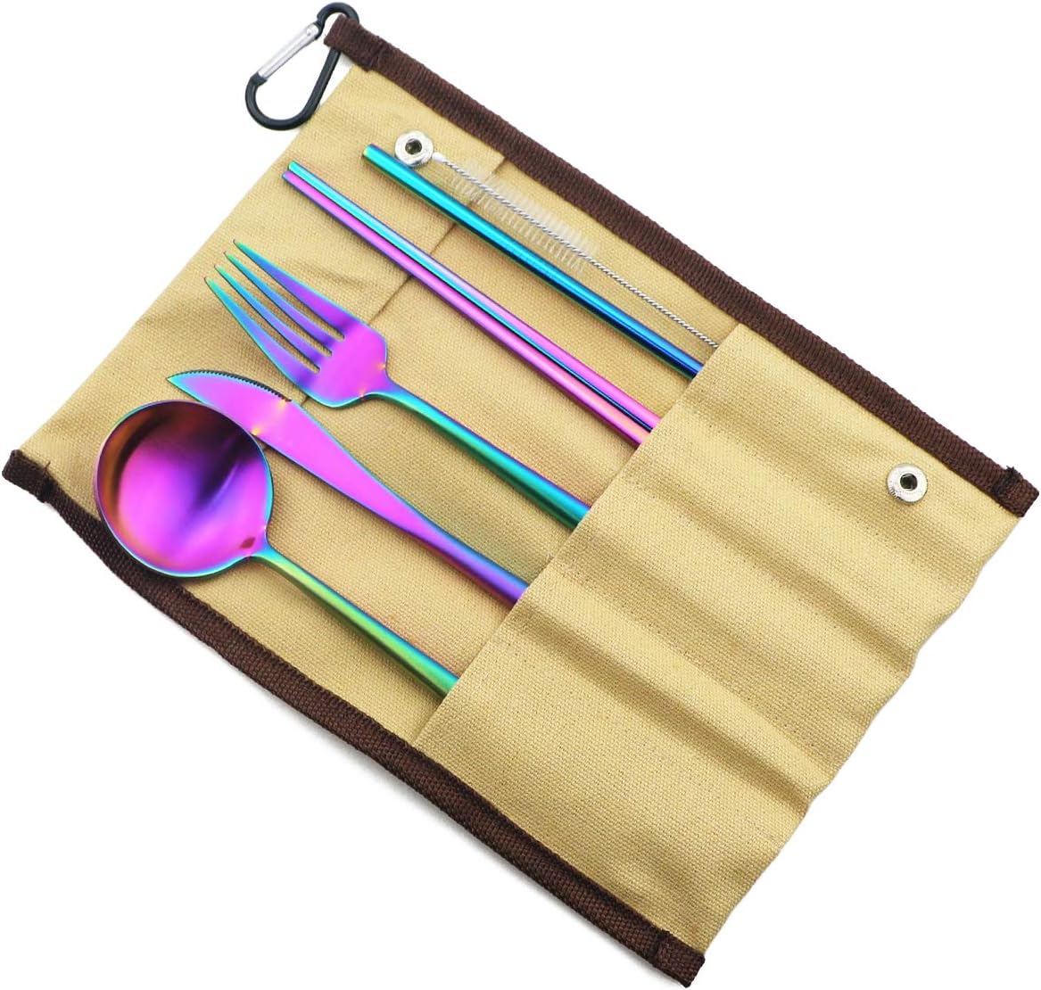 Gugrida Reusable Travel Utensils, 7 Piece Portable 304 Stainless Steel including Knife Fork Spoon Chopsticks Cleaning Brush Straws Portable Pouch, Eco-friendly Camping Silverware Set, Dishwasher Safe