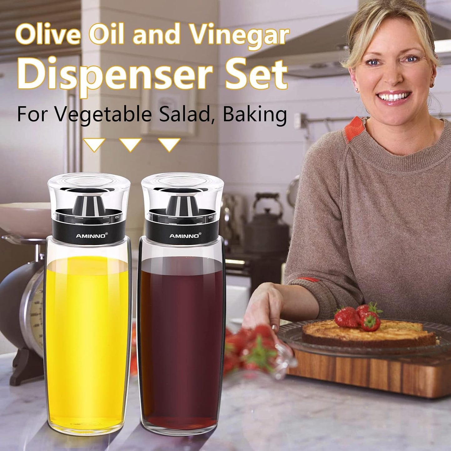 Oil and Vinegar Dispenser 2 Pack, Olive Oil and Vinegar Cruet Dispenser Bottle,Wide Opening(Easy Refilling) with lids, Sealed leakproof, Glass Oil Bottle for Kitchen Cooking, 9.5oz/280ml