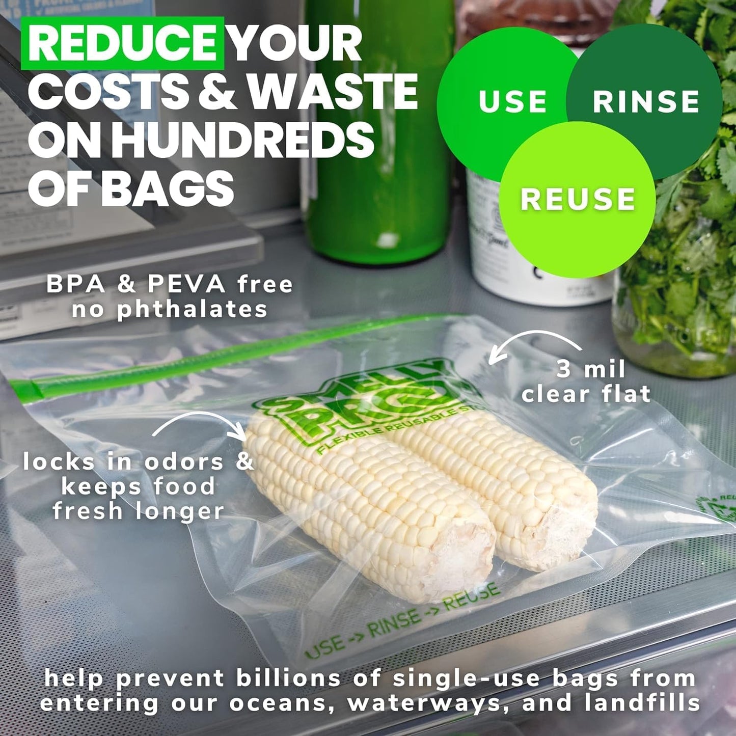 Smelly Proof 50pk Reusable Food Storage Bags - Made in USA, Dishwasher-Safe, BPA FREE, NO PEVA, Clear FLAT Large 3-mil Thick, 8.5" x 10"