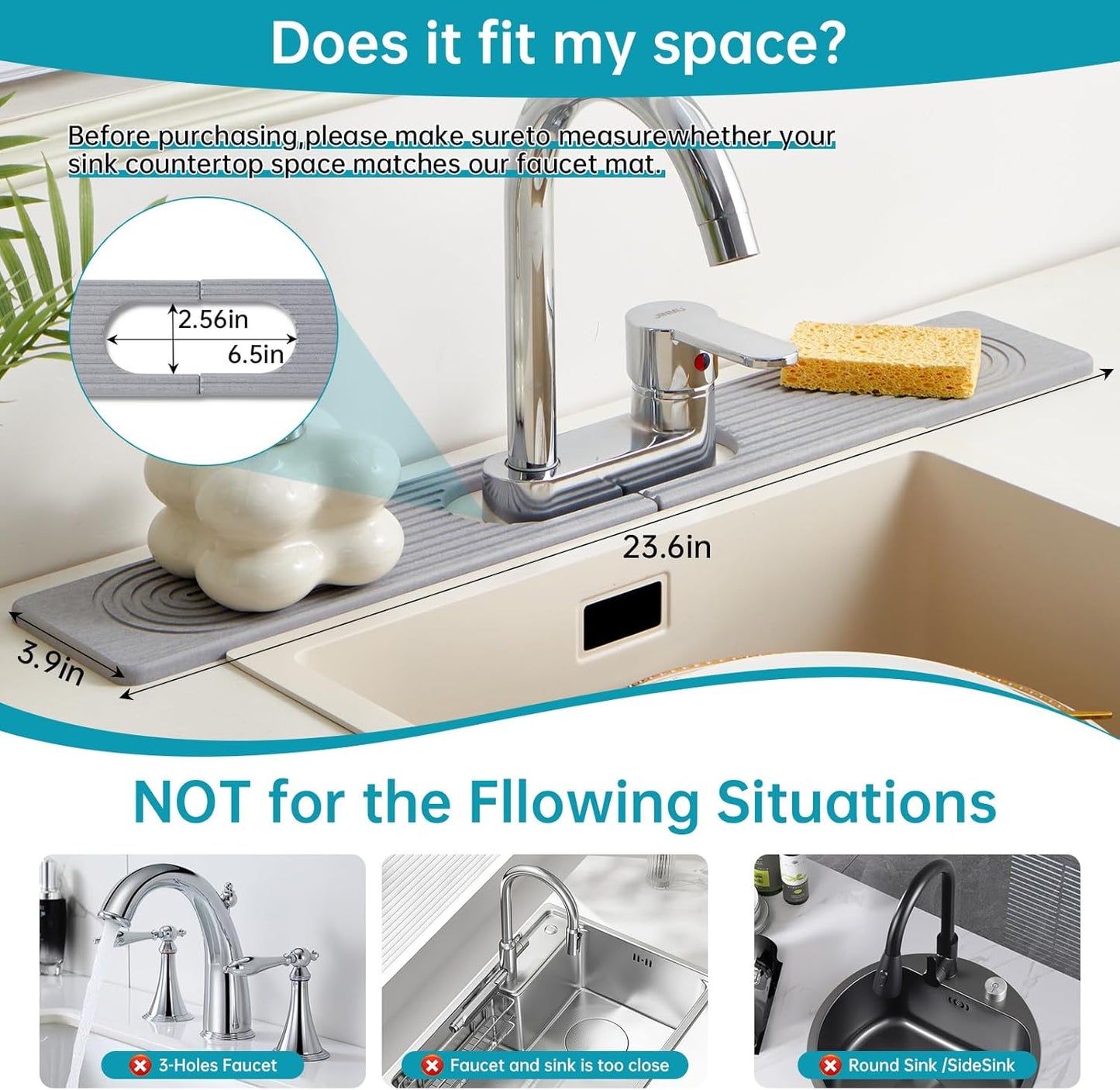 Stone Faucet Mat for Kitchen Sink with Oval Hole – 23.6" × 3.9" Diatomite Drying Stone Mat & Sink Protector, Quick-Dry Splash Guard Water-Absorbing Tray for Bathroom Counter（Gray.23.6" x 3.9"