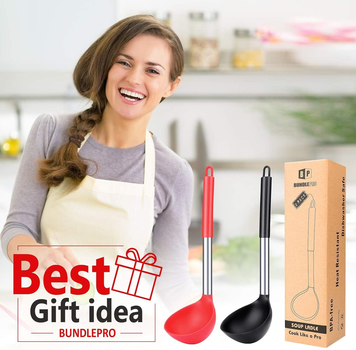 Pack of 2 Ladle Spoon,Silicone Large Spoon for Soup,Non Stick Kitchen Utensils with High Heat Resistant,BPA Free Perfect Kitchen Tools for Cooking, Stirring,Serving Soups (BLACK-RED)