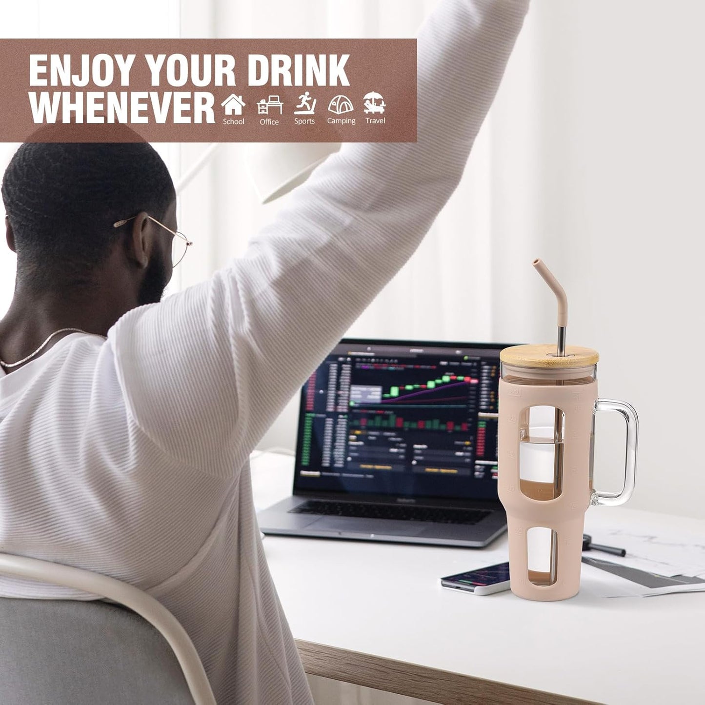 Glass Tumbler with Lid and Straw, 46 oz Iced Coffee Cup with Handle, Glass Water Bottles with Silicone Sleeve, Glass Cup with Straws - Pearl Straw & Drinking Straw BPA Free-Amber