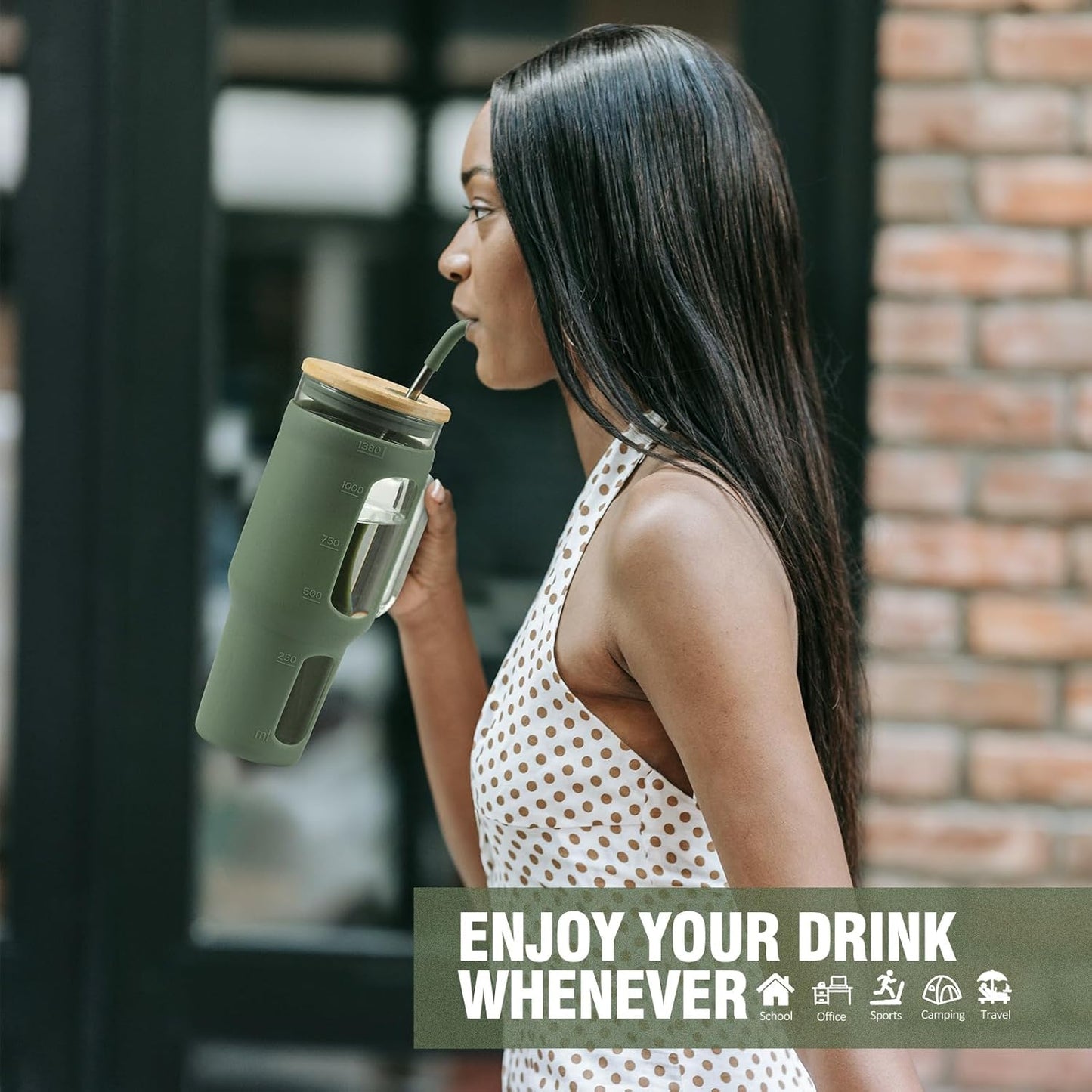 Glass Tumbler with Lid and Straw, 46 oz Iced Coffee Cup with Handle, Large Water Bottles with Silicone Sleeve, Glass Cup with Straws - Pearl Straw & Drinking Straw BPA Free-Olive