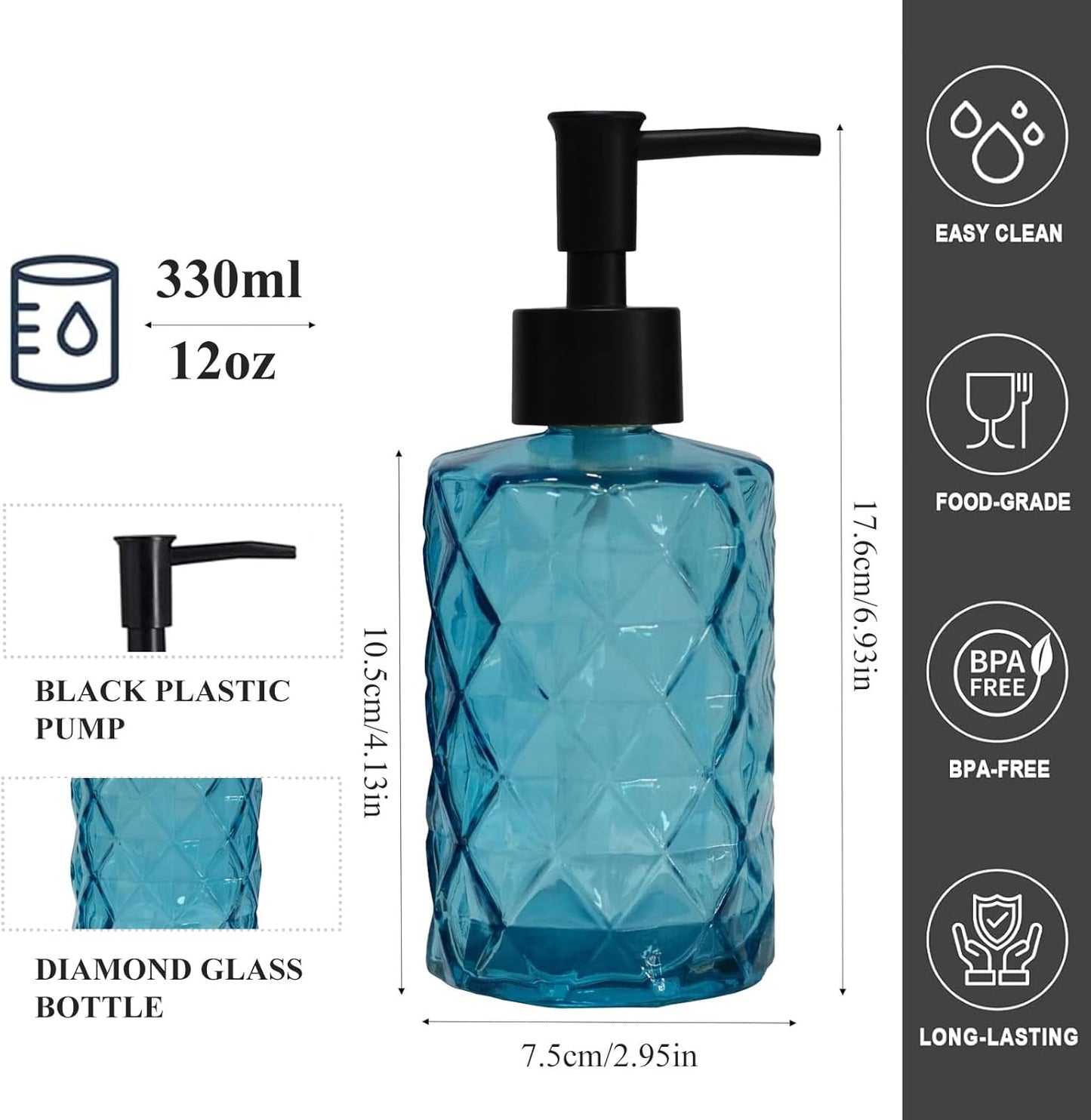 12Oz Small Glass Soap Dispenser with Black Plastic Pump, Blue Refillable Kitchen Countertop Liquid Hand Soap Dispensers with Diamond Design, Crystal Bathroom Lotion Bottle for Dispense Dish Soap