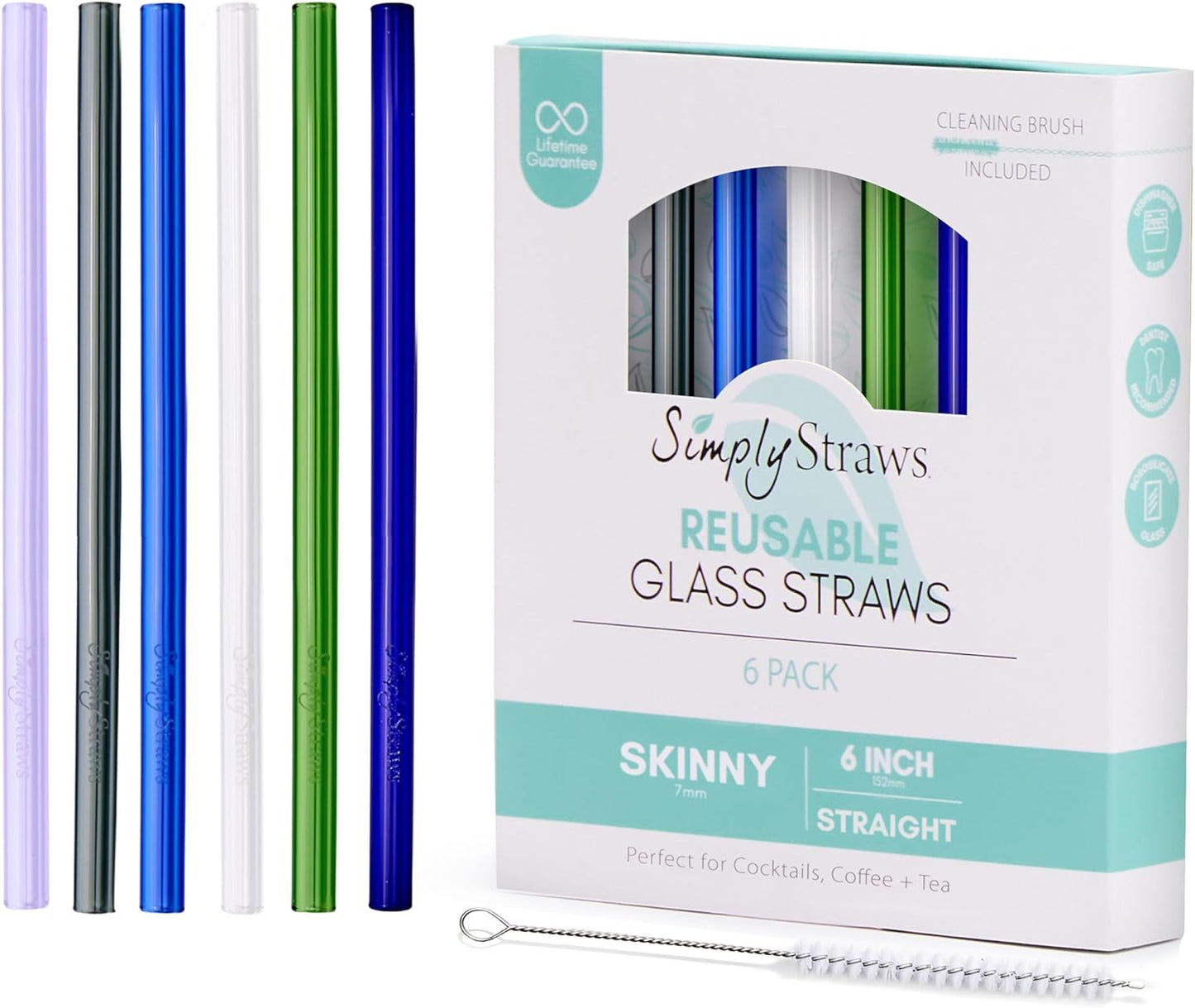 Simply Straws 6 Inch Skinny Glass Straws (6-Pack) - Reusable Cocktail Straws for Mixed Drinks, Low Balls, Coffee & Tea, with Cleaning Brush – Dishwasher Safe, Hot & Cold Use, BPA-Free (Sea Glass)