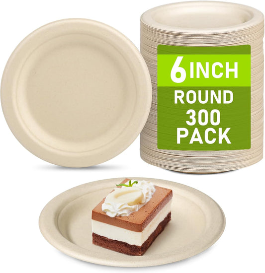 Compostable Paper Plates Bulk, 300 Pack Small 6 inch Eco Friendly Disposable Dessert Plates