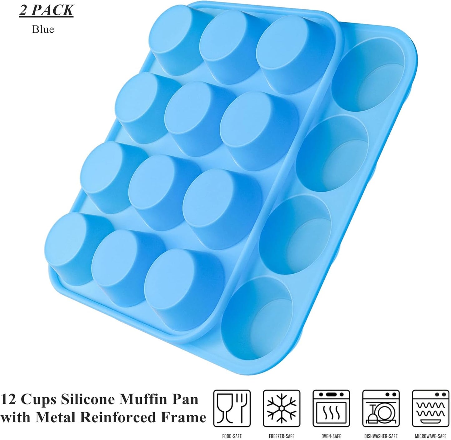 Bangp 12-Cup Silicone Muffin Pan with Metal Reinforced Frame,2 Pack Regular Size Cupcake Pan,Premium Non-Stick Bend Resistance Silicone Molds for Making Muffin,Cakes,Tart,Egg Bites (Blue)