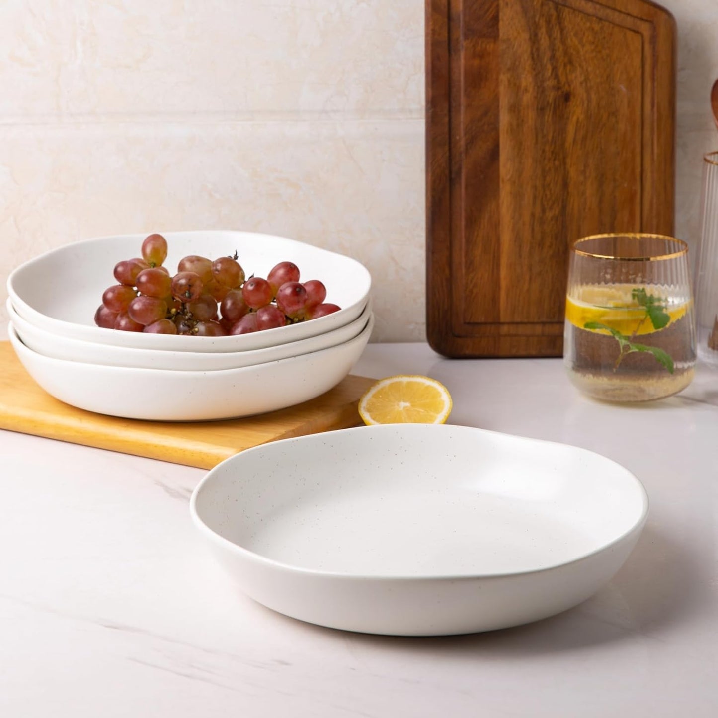 AmorArc 9.75'' Speckled Large Ceramic Pasta Bowls, 38oz Stoneware Bowls Set of 6, Oven, Microwave&Dishwasher Safe Bowls with Wavy Rim for Fruit Pasta Salad Meal, Matte Speckled White