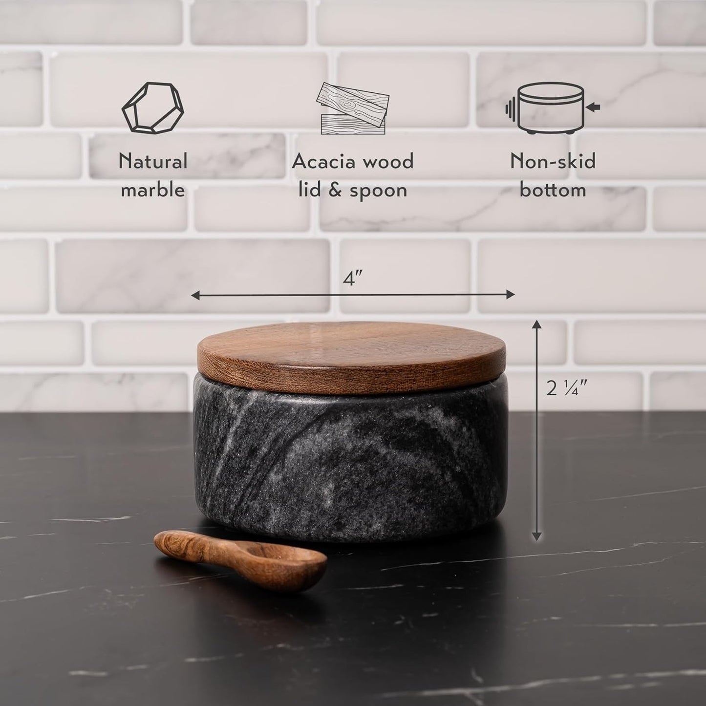 Cork & Mill Grey Marble Salt Cellar with Acacia Wood Lid and Spoon - Elegant Modern Salt Container for Countertop - Handcrafted Pepper Pot - Wide 4” Pepper Holder with Non-Skid Feet