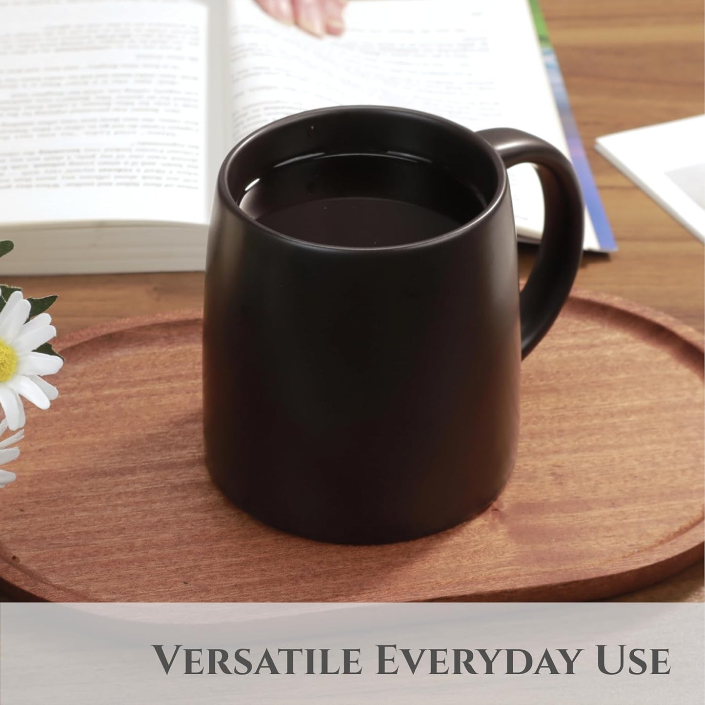 Classic Mug, 14 oz Large Coffee Mug with Handle, Ceramic Porcelain Tea Cup, Smooth Matte (Sliding Lid, Black)