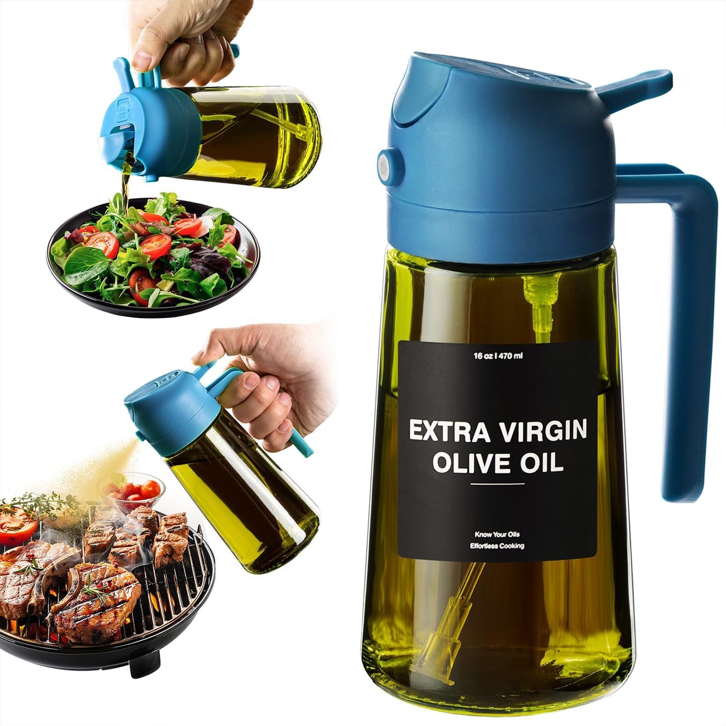 CXINYI - 16oz/470ml Olive Oil Dispenser for Kitchen with Stickers - 2 in 1 Olive Oil Sprayer for Cooking, Air Fryer, and Salad, Blue (Light-Proof Kitchen Gadget)