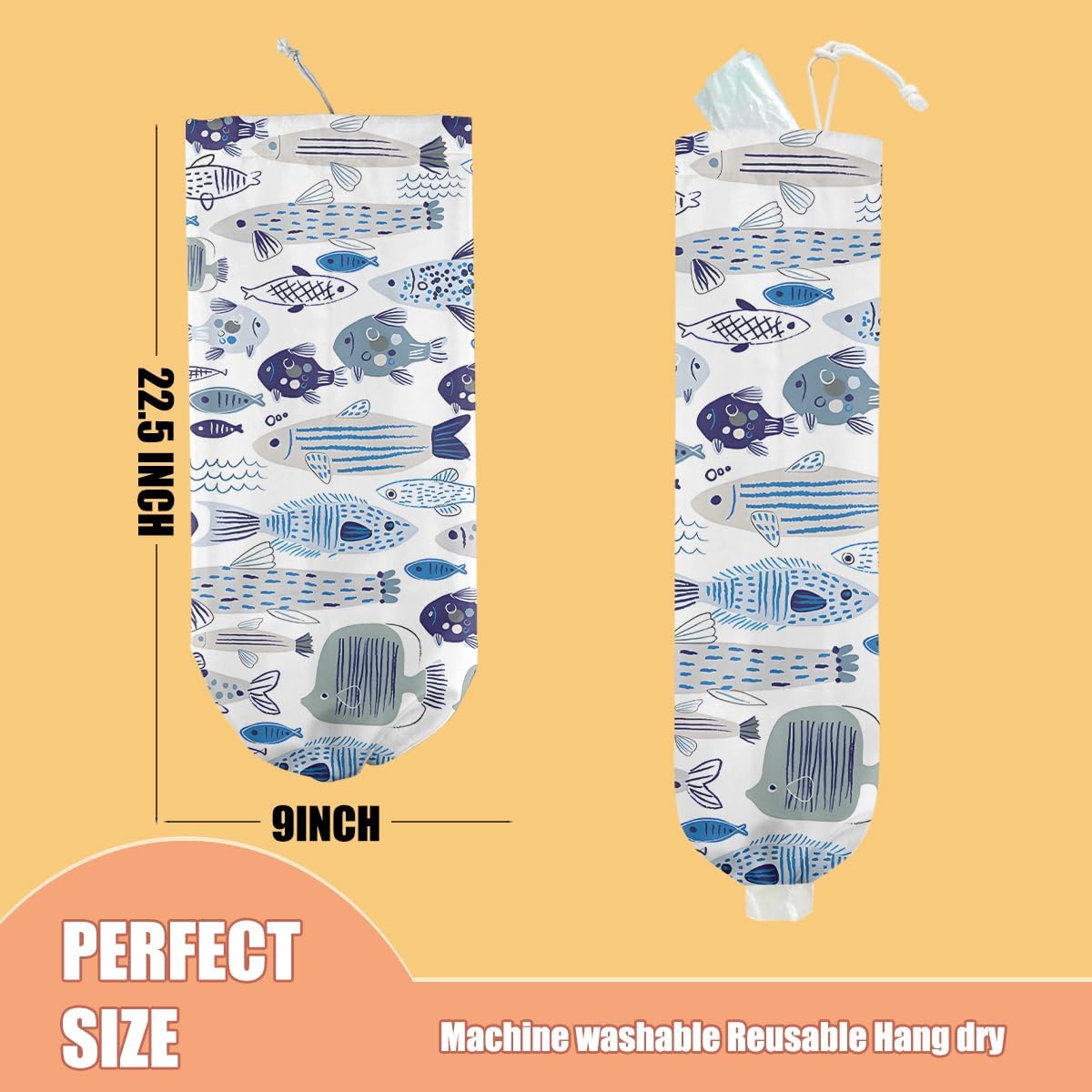 Fish Plastic Bag Holder, Wall Mount Grocery Bag Holder, Plastic Storage bag, Pull Rope Free Adjustment, Plastic Bag Holders for Grocery Bags, Plastic Bag Dispenser for Home Kitchen