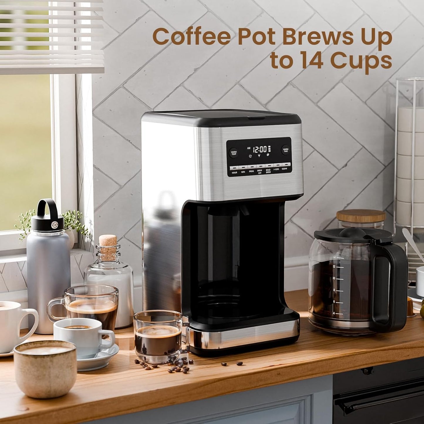 Coffee Maker, 14-Cup Programmable Drip Coffee Makers with Reusable Filter & Keep Hot Plate, Auto Pause Small Coffee Machines with Large Coffee Pot,Timer, Self-cleaning,Stainless Steel