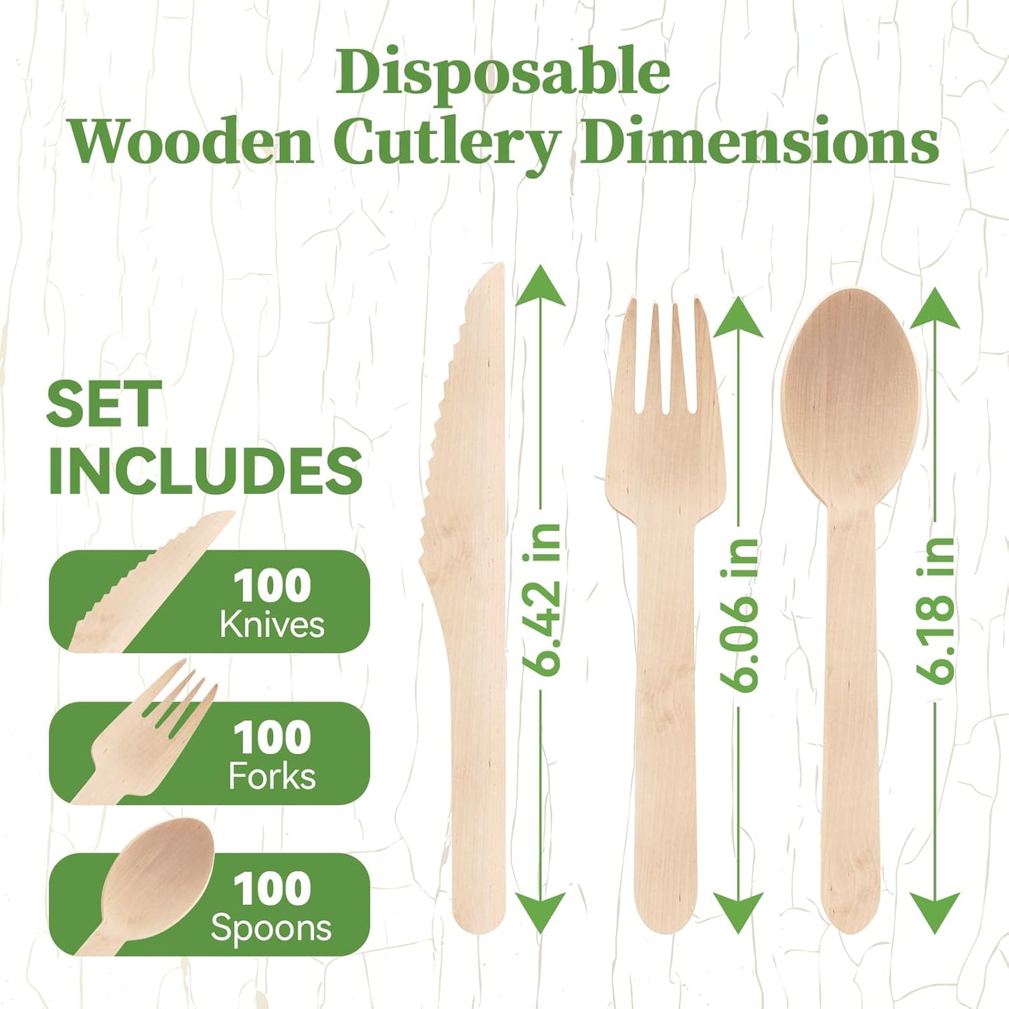 ECOLipak 300 Count Disposable Wooden Cutlery Set, 100 Knives, Forks and Spoons each, Splinter-Free Compostable Wooden Disposable Utensils for Party, Camping, Traveling, Family Dinners