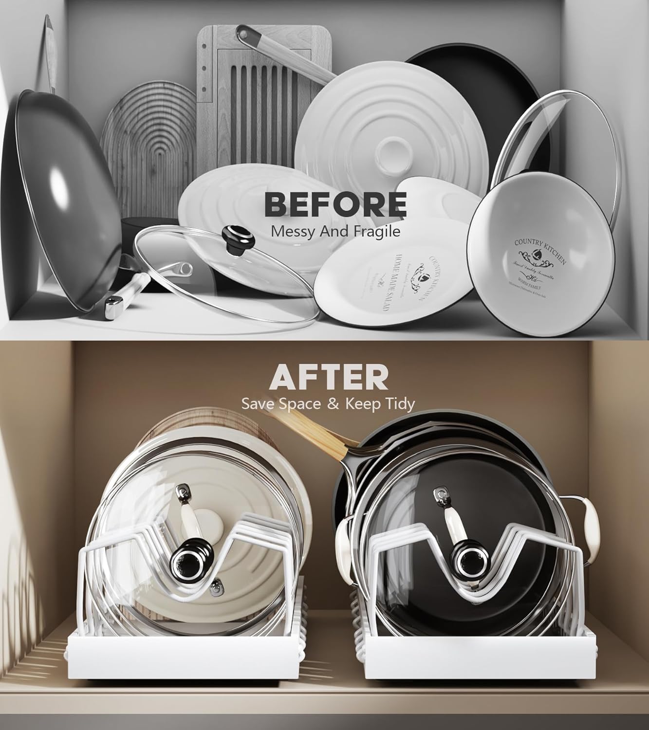 Pull Out Pots and Pans Organizer Under Cabinet, Sliding Lid Holder and Pan Rack in Kitchen, Slide Out inside Cabinet Storage for Pot Lid, Bakeware, Dishes, 8 Adjustable Dividers, 1 Pack White