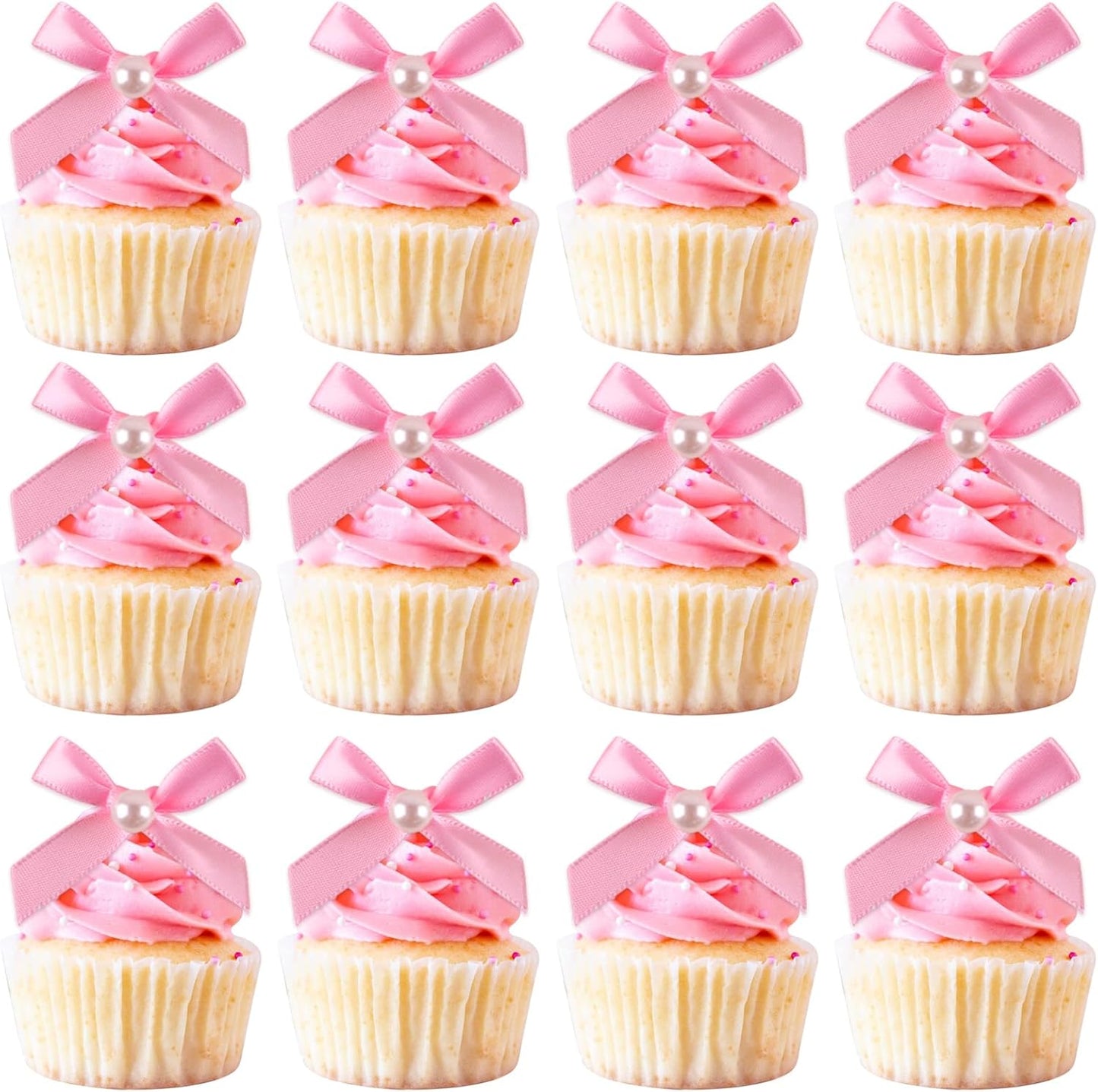 12 Pcs Mini Pink Pearl Bow Cake Toppers Pearl Bows Cake Decorations Ribbon Bowknot Birthday Cupcake Topper Pearls Bow Knot Ornament for Bachelorette Birthday Engagement Wedding Party Supplies